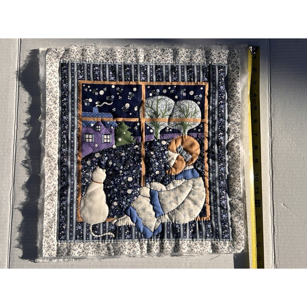 Vintage Handmade Applique Quilt Block Girl Cat Window Scene 15” Ozark Calico